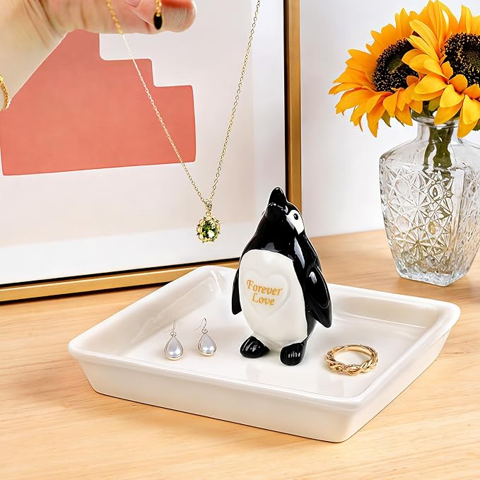 PUDDING CABIN Penguin Gifts for Women, Ring Holder Jewelry Tray, Penguin Figurine Forever Lover Anniversary Wedding Birthday Mothers Day Gifts for Girlfriend Wife FiancÃ©e Daughter Mom