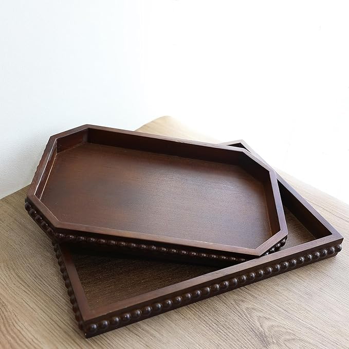 Wood Decorative Tray, Distressed Outdoor Serving Tray with Wooden Bead for Ottoman, Coffee Table, Entertaining, Home Decor, Rectangular 15.7â*11.8â*1.57â (Dark Brown)