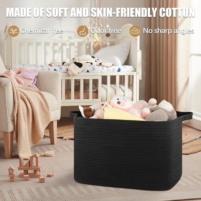 118L Extra Large Blanket Basket, 24.8"x17.7"x16.2" Woven Rope Baskets for Storage, Nursery Blanket Storage for Living Room, Toy Basket with Handle Organizing Comforter Cushions Pillows, Black