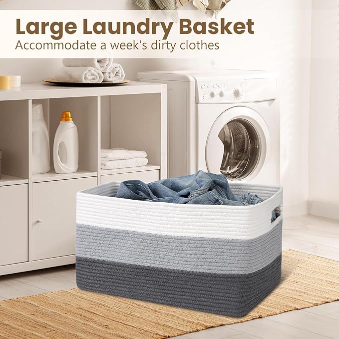 75L Large Blanket Basket, Woven Storage Baskets with Reinforced Handles, Rope Laundry Basket for Living Room, Bedroom, Nursery, Toys, Clothes,Pillows, 22â x 17â x 11.5â, White & Grey