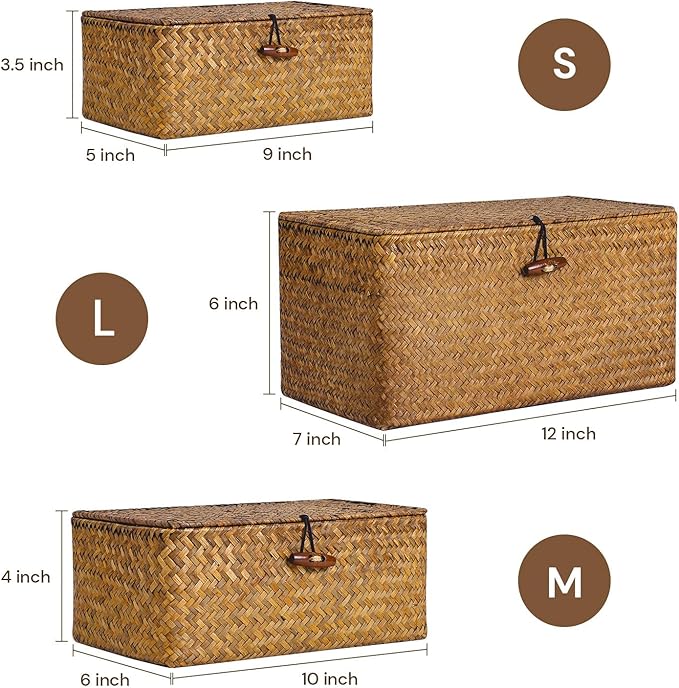 Decorative Storage Basket with Lid Set of 3,Woven Seagrass Storage Bins for Shelves for Organizing, Rectangular Baskets for Decoration, Picnic, Groceries and Toy Storage
