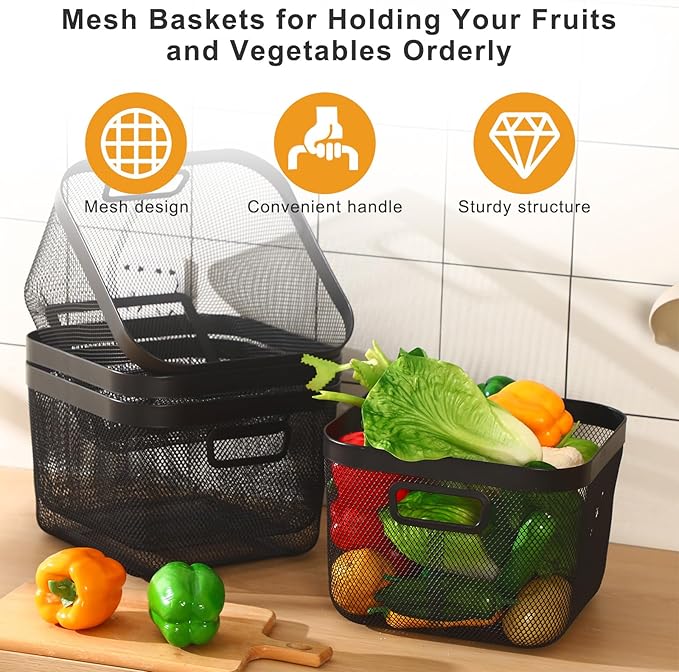 4 Pack Metal Mesh Basket with Hollow Handles Black Wire Storage Bin for Organizing Stackable Metal Fine Mesh Basket for Pantry Bathroom Kitchen Cabinets Shelves (Large)