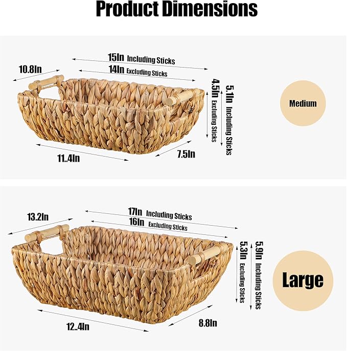 Woven Storage Baskets â Set of 2 Handwoven Water Hyacinth Wicker Baskets with Wooden Handles for Organizing, Decorative Baskets for Laundry Room, Home Decor - Large & Medium