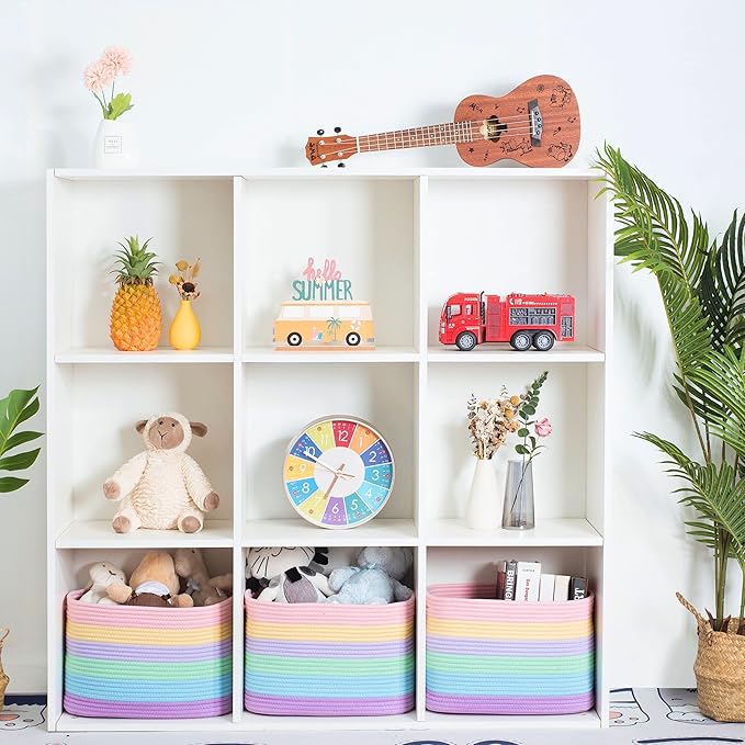 MINTWOOD Design Storage Basket for Shelves, Decorative Baskets for Organizing, Book Basket, Storage Cube Bin Box, Woven Closet Organizer, Pantry Closet and Shoe Basket, Pastel Rainbow
