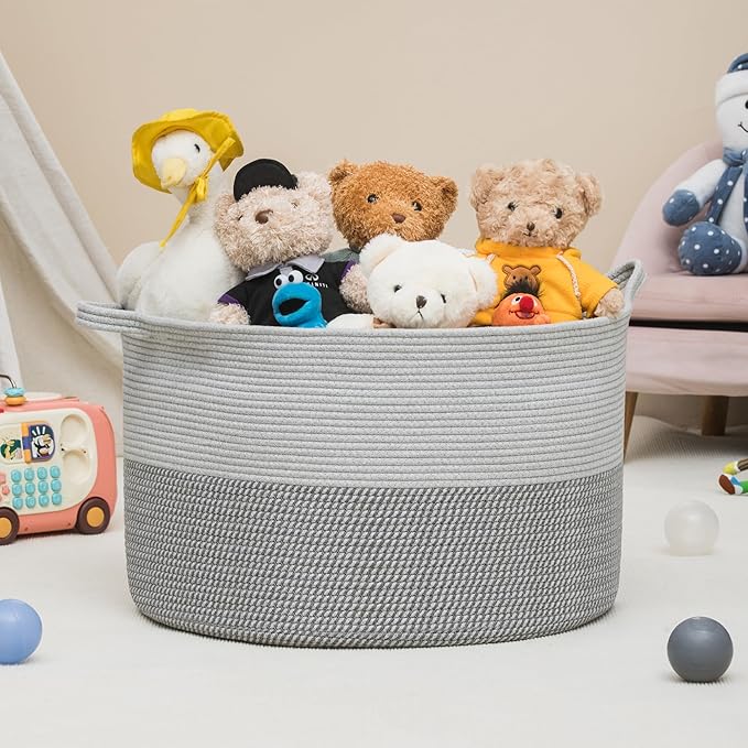 XXXLarge Woven Cotton Rope Basket (21.7" x 13.8") 90L – Blanket Basket for Living Room, Laundry Hamper, Baby Laundry Hamper, Toy Storage, Pillows & Cushions Organizer (Mixed Grey)
