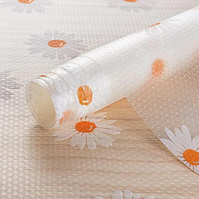INNOLITES Shelf Liners for Kitchen Cabinets – Drawer Liner Waterproof & Oil-Proof, Non-Adhesive EVA with Floral Pattern – Durable Washable, Easy to Clean (Clean Daisy, 17.5" x 197")