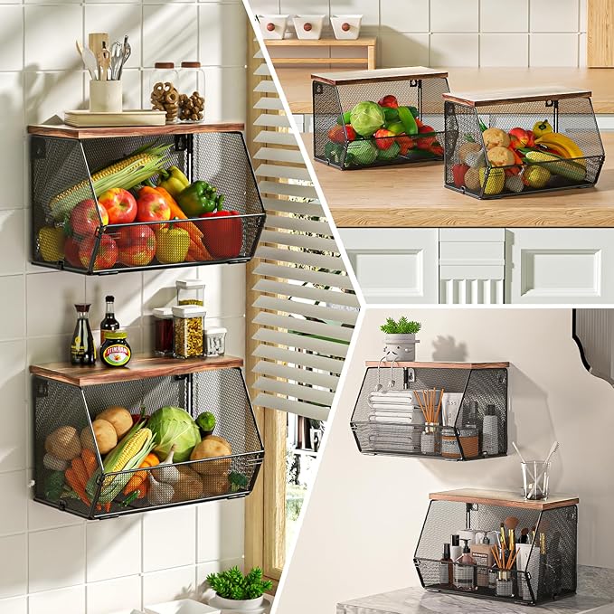Stackable Fruit Basket for Kitchen Countertop Space Saving, Wall Mounted Mesh Metal Wire Basket with Wood Lid Extra Storage, 2 Pack Kitchen Counter Organizer for Snack, Onion and Potato Storage, White