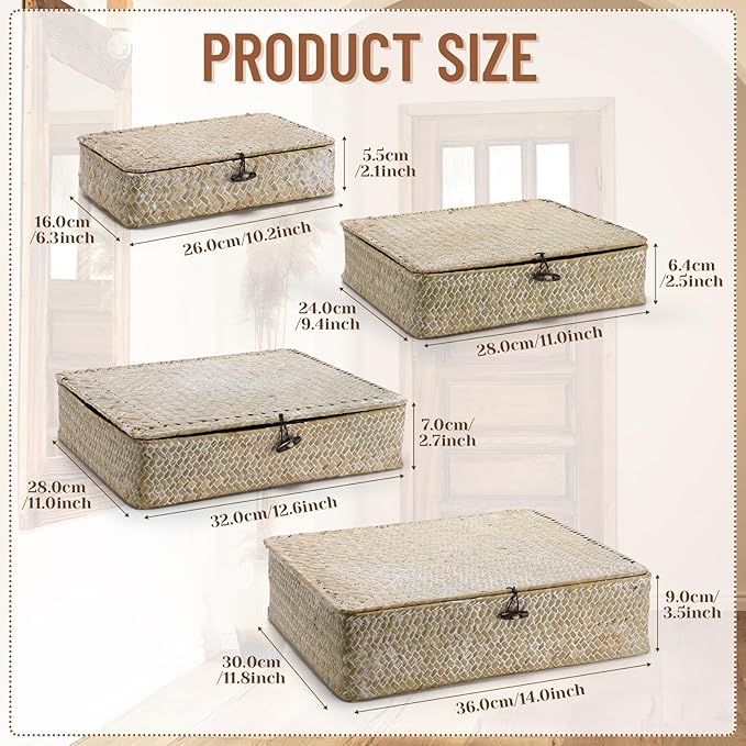 Set of 4 Seagrass Basket with Lid Wicker Storage Basket Decorative Storage Boxes with Lids Flat Storage Bins Woven Organizer Baskets for Shelf Closet Bedroom, 4 Sizes (White)