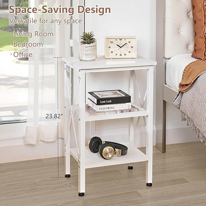 VECELO End Table, 24" Tall Living Room Side Tables, X-Design Reinforced Bedside Table, Nightstands with 3-Tier Storage Shelves for Small Spaces, Office, Bathroom, Bedroom, Pearl White, 1 Pack