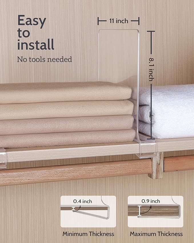 Clear Acrylic Shelf Dividers, Closet Shelf Divider and Closet Separator for Organization in Bedroom, Kitchen and Office Plastic Shelves 8 PCS
