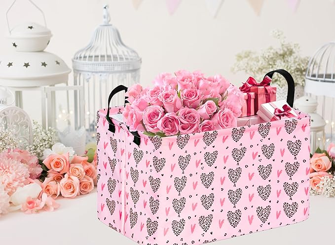 Valentines Basket Rec Heart Print Box Hamper Storage Basket Collapsible Organizer Bin Gift Shelf Baskets for Home and Kitchen Storage