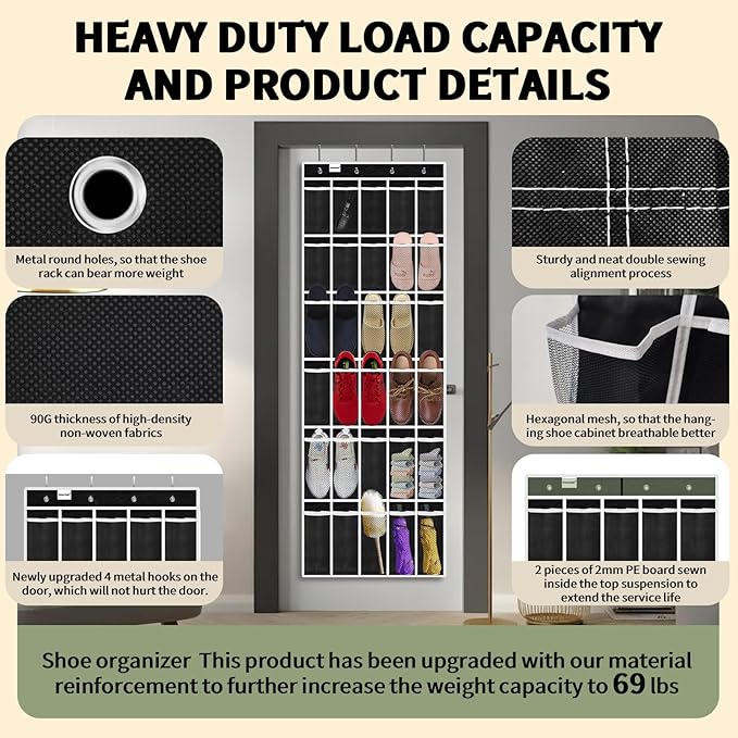 PAULONE Massive 70-Inch Dual-Side Family Organizer - Stores Shoes, Handbags, Toys & Baby Gear, Heavy Duty Over Door Storage System for Every Room (Black)