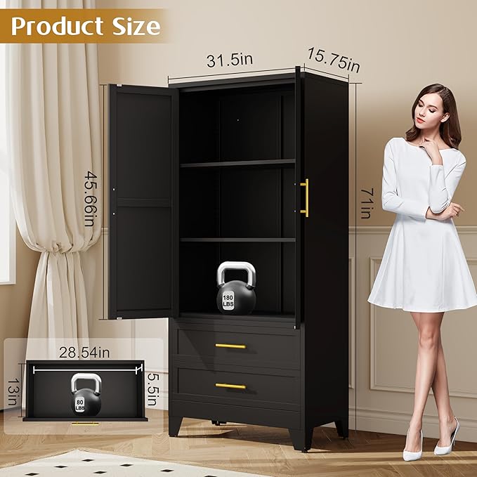71" Tall Metal Pantry Storage Cabinet, Steel Storage Cabinets with 2 Doors, 2 Adjustable Shelf and 2 Drawers, Used as Kitchen Cabinet, Freestanding Cupboard for Kitchen, Office, Home (Black)