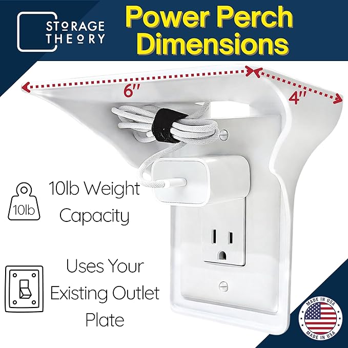 BeraTek Power Perch Wall Outlet Shelf with Cord Storage Strap - Declutter & Reclaim Counter Space - Alexa Holder, Charging Stand, Apple Homepod Mini Wall Mount - White, 2-Pack