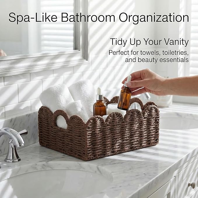 Scalloped Wicker Baskets, Set of 3 Hand-Woven Storage Baskets with Handles - Paper Rope Shelf Organizers & Decorative Baskets for Shelves, Closet, Bathroom (Brownï¼