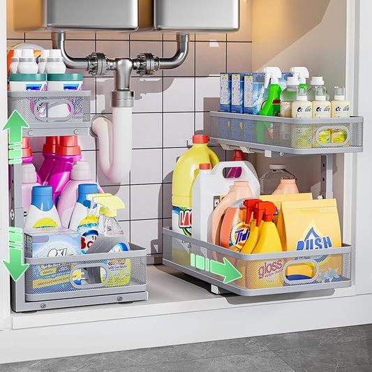 Under Sink Organizer, Height Adjustable 2 Tier Under Sink Organizers and Storage, Slide Out Metal Cabinet Organizers, Pull Out Sink Storage Drawer Shelf for Kitchen Bathroom Cabinet, Grey, 2 Pack
