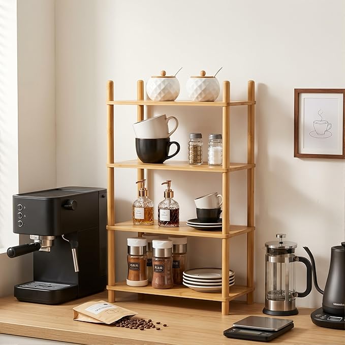 4-Tier Expandable Bamboo Desktop Organizer Shelf Kitchen Cabinet and Counter Riser Display Shelf for Top of Desk Home Office Bathroom Coffee Table Display Stand