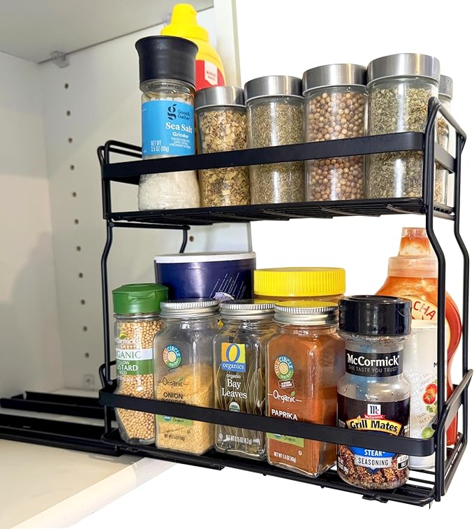Pull Out Spice Rack Organizer for Inside Kitchen Cabinets, Heavy Duty Slide Out Seasoning Kitchen Organizer, 2 Tier Vertical Sliding Seasoning Organizer, 10.5" D x 5.1" W x 9.6" H