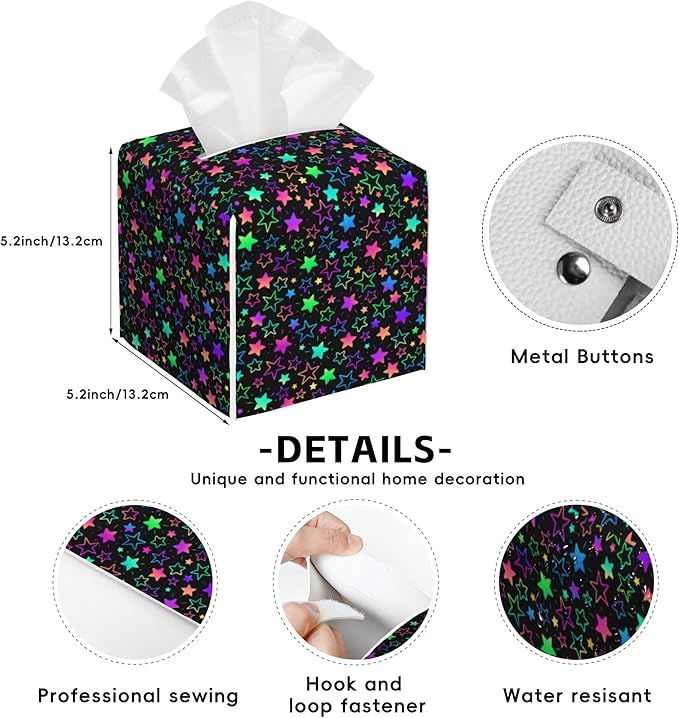 Neon Stars Tissue Box Cover Square,Tissue Box Holder with Belt Bottom,Stylish Leather Napkin Holder for Vanity Countertop,Nightstands,Office Desk,5.2"Ã5.2"Ã5.2"