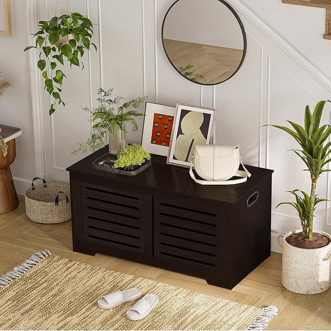 DINZI LVJ Storage Chest, 39.4âWooden Toy Box with 2 Safety Hinges, Retro Entryway Shoe Storage Bench with Flip-Top, Sturdy Large Storage Trunk for Living Room, Bedroom, Easy Assembly, Espresso