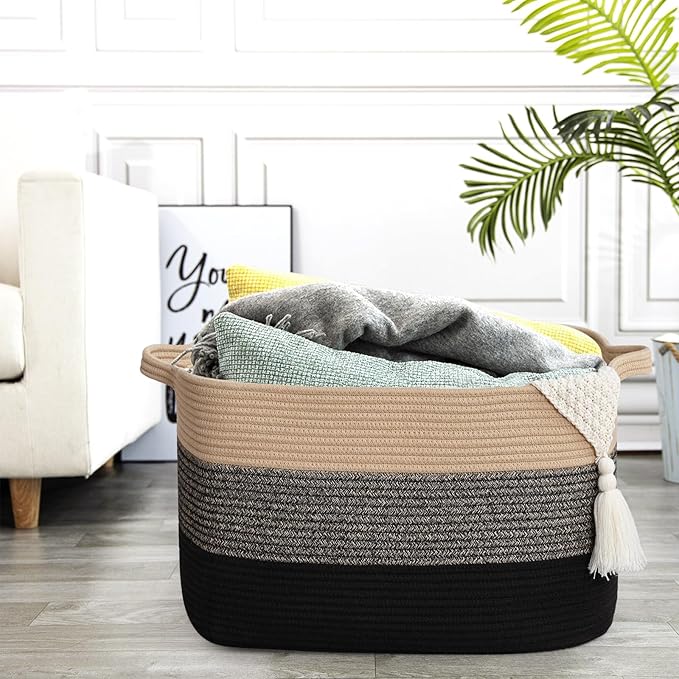 Large Blanket Basket, 60L Storage Baskets for Organizing, Woven Laundry Basket for Blankets, Cotton rope Blanket Storage for Living Room, Nursery Room, 19.7"L x 15.74"W x 11.8"H, Brown & Black