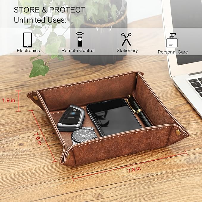 SITHON Valet Tray Desktop Storage Organizer â Premium PU Leather Catchall Bedside Vanity Tray Nightstand Caddy Holder for Keys, Phone, Wallet, Coin, Valentine's Day Gift, Brown