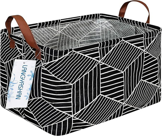LANGYASHAN Rectangular Storage Bin Collapse Canvas Fabric Cartoon Storage Basket with Handles for Organizing Home Kitchen Boys and Girls Toys Office Closet Shelf Baskets (Black Diamond)
