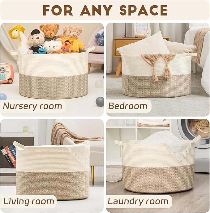 XXXLarge Woven Cotton Rope Basket (21.7" x 13.8") 90L – Blanket Basket for Living Room, Laundry Hamper, Baby Laundry Hamper, Toy Storage, Pillows & Cushions Organizer (Brown)