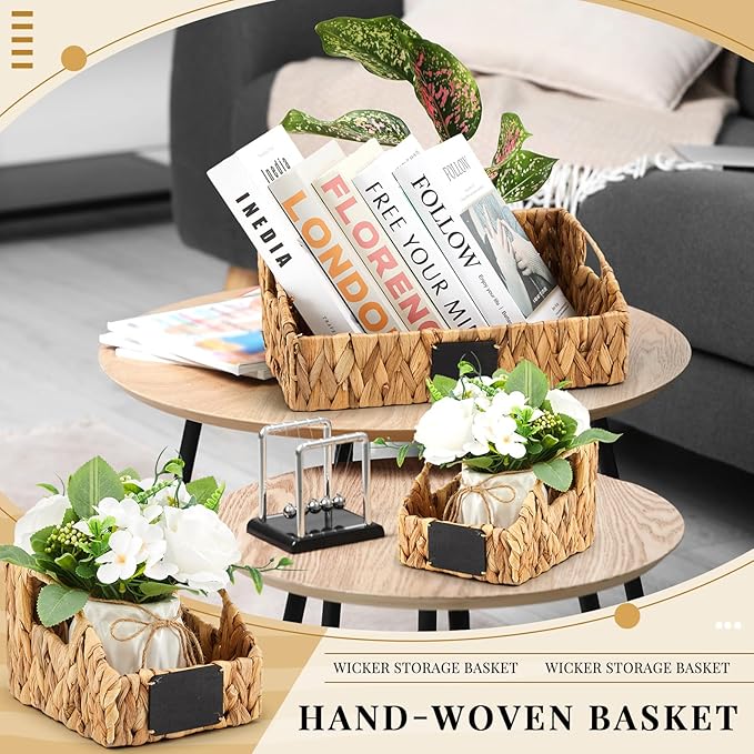 4 Pcs Water Hyacinth Storage Basket Set Wicker Rattan Pantry Basket with Chalkboard Label Handles Woven Container Kitchen Laundry Large Small for Shelves Food Home Bathroom Decor