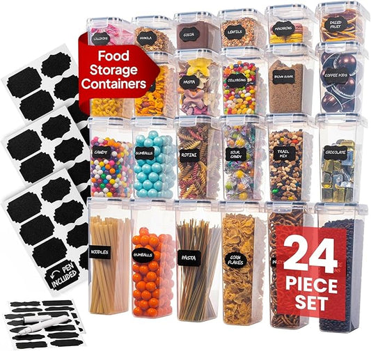 Airtight Food Storage Containers Set - Air Tight Pantry Storage Containers with Lids - Pasta Flour Sugar Cereal Containers - Storage Containers for Food - Kitchen Storage Container (Clear-24 Pack)