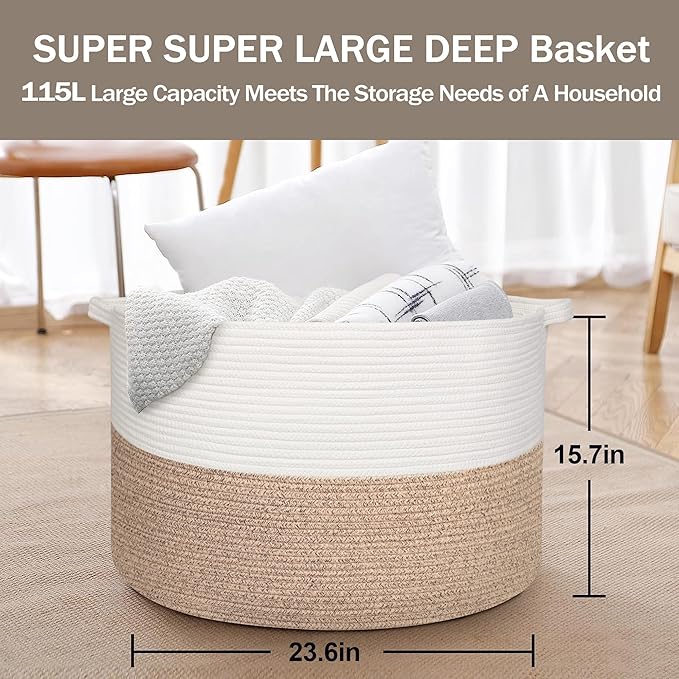 115L Super Large Blanket Basket, Oversized Organizer, Cotton Rope Woven Bin, XXXL Jumbo Basket for Blankets for Living Room, 23.6"x15.7", Brown