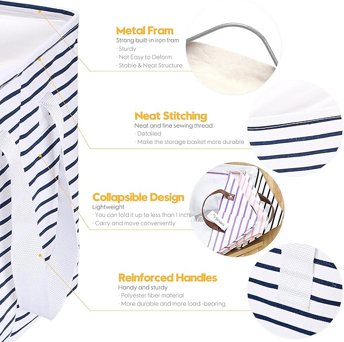Hinwo 102L XXL Storage Bins, 2-Pack Closet Organizers and Storage, Foldable Clothes Storage Baskets with Handles, Containers for Clothing, Blanket, Comforters, Toys, Bedding (Navy Stripe)