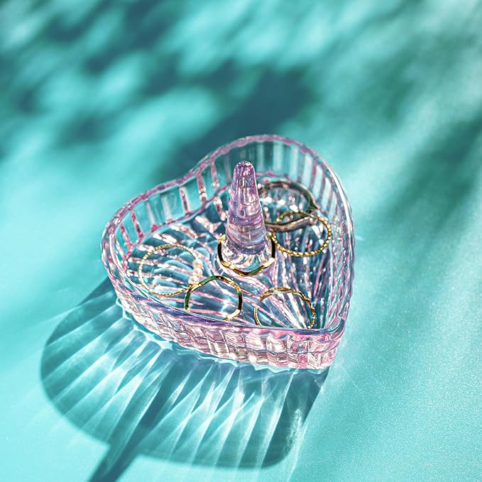 kanpura Crystal Pink Ring Holder Heart Shaped Ring Holder Dish, Jewelry Trinket Tray Wedding Birthday Christmas Gift for Women