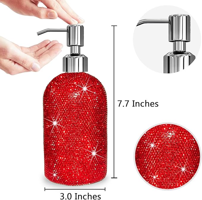 SlowVibes 18Oz Bling Red Soap Dispenser with Rust Proof Stainless Steel Pump,Refillable Liquid Hand Wash Bottle for Bathroom Kitchen,Sparkle Decorative Shower Dispenser,Rhinestone Lotion Dispenser