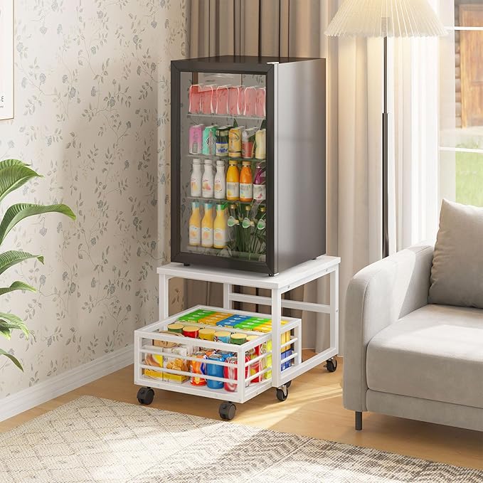 HOOBRO Mini Fridge Stand with Movable Storage Basket, Mini Fridge Cabinet with Wheels and Adjustable Feet, Sturdy Metal Frame, for Kitchen, Living Room, Office, White WW155TL01