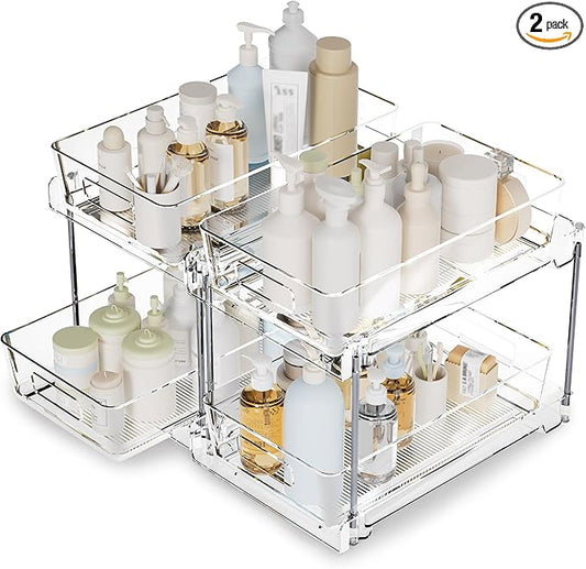 2 Tier Under Sink Organizer, 2 Pack Clear Bathroom Storage Vanity Counter Container, Cabinet Drawers Bins, Pull-Out Storage and Organization with Track for Pantry, Kitchen