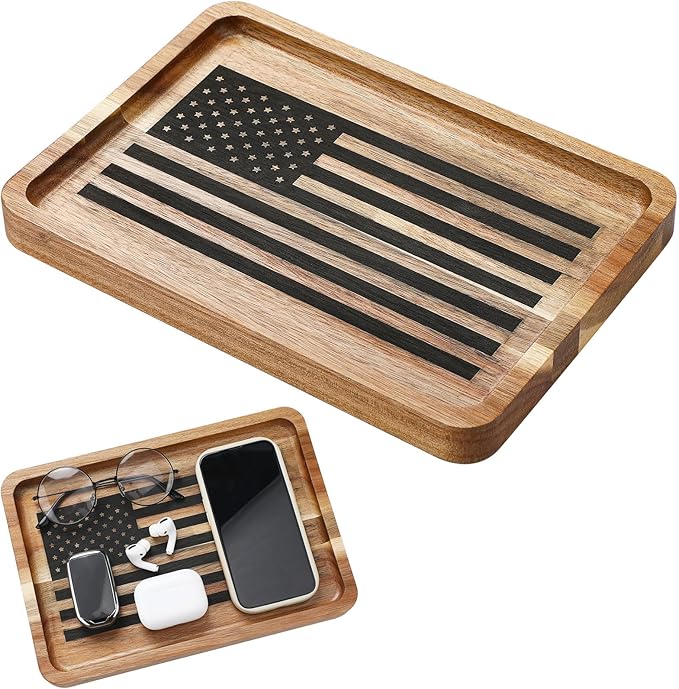 American Flag Valet Tray for Men Wood Catch All Dump Tray EDC Organizer Every Day Carry Bedside Nightstand Table Entryway Holder for Keys Wallet Watches Phones Jewelry 11 x 7.75 x 1 Inch