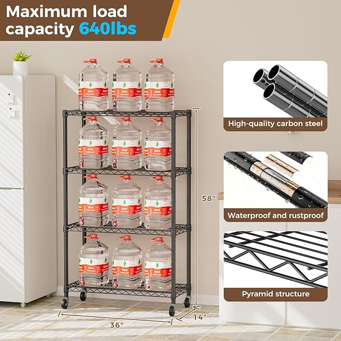 4 Tier Shelves Storage Shelf Wire Closet Bathroom Organizers Metal Pantry Kitchen Garage Shelving Unit Laundry Room Organization Home Rack Net Basket Black 14”D X 36”W X 58”H