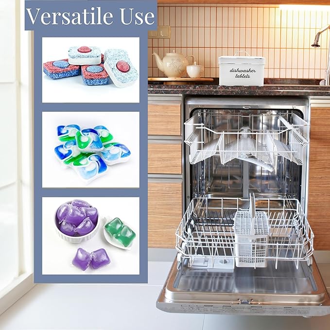 AuldHome Design Dishwasher Pod Holder, Tablet Container; White Enamelware Rustic Kitchen Storage Tin w/Lid
