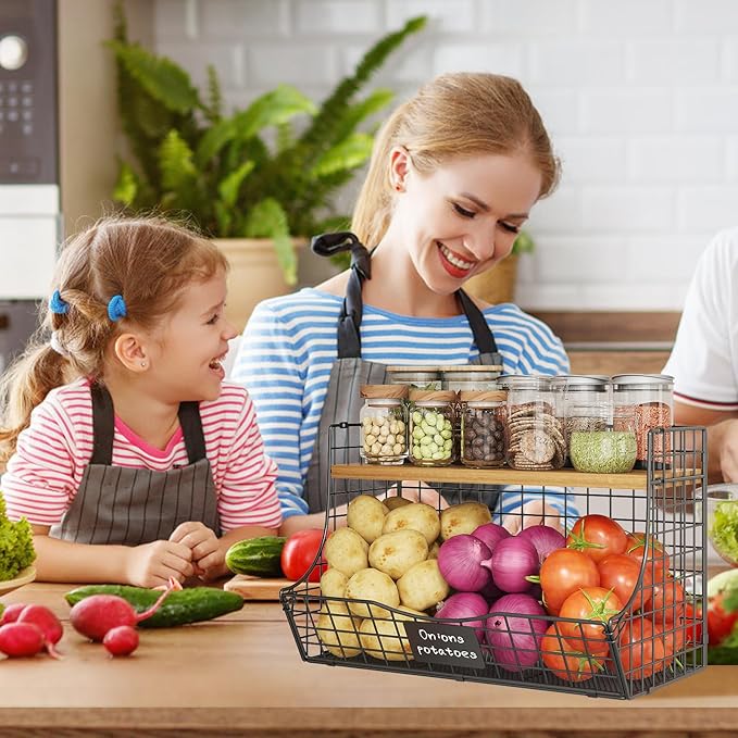 3 Pack Extra Large Fruit Basket for Kitchen with Wood Lid Nameplate - Counter&Wall Mounted Onion and Potato Storage Bin, Stackable Metal Hanging Wire Baskets,15.35 * 8.66 * 10.63 inch