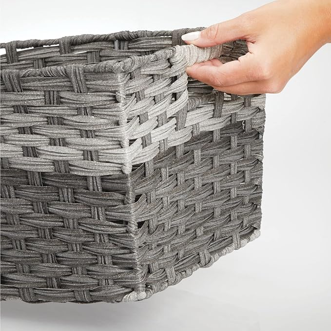mDesign Wide Rectangular Woven Braided Rope Home Storage Baskets with Handles - for Organizing Closet, Bedroom, Bathroom, Living Room, Entryway, Office - 8.25" High, 2 Pack - Gray