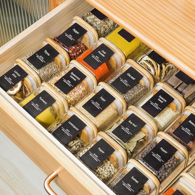 ComSaf 12Pcs Spice Jars with Labels, Glass Jar with Bamboo Lid, 4oz Airtight Square Spice Containers with Black Lables, Empty Seasoning Jars for Spice, Salt, Pepper, Sugar
