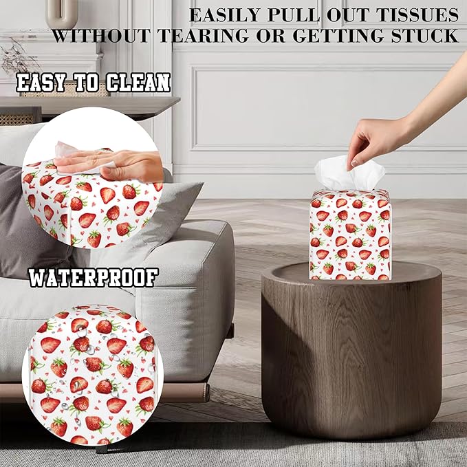 Tissue Box Cover Strawberry and Heart Leather Tissue Box Holder Cube Paper Case Cover Facial Paper Organizer Dispenser for Bathroom, Vanity Countertop, Office Desk