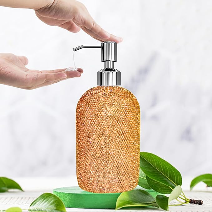 SlowVibes 18Oz Bling Gold Soap Dispenser with Rust Proof Stainless Steel Pump,Refillable Liquid Hand Wash Bottle for Bathroom Kitchen,Sparkle Decorative Shower Dispenser,Rhinestone Lotion Dispenser