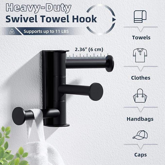 APLusee Swivel Towel Hook 3 Arms Matte Black, 304 Stainless Steel Foldable Coat Hanger Bathroom Robe Towel Hook, Wall Kitchen Storage Holder