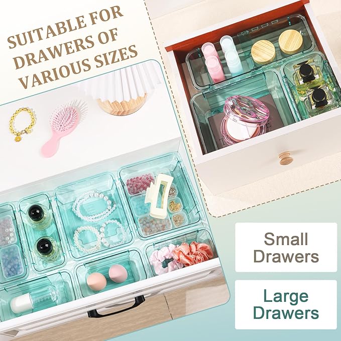 20 Pcs Adjustable Clear Drawer Organizer, All Extendable Vanity Storage Bins, Desk Drawer Organizer Set for Makeup, Cosmetics, Bedroom, and Gadgets, Blue