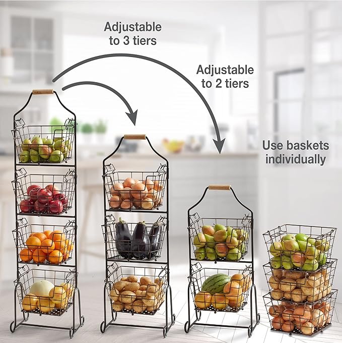 Gourmet Basics by Mikasa Ferme Adjustable 2, 3 or 4 Tier Metal Floor Standing Market Basket for Fruit & Home Storage, Antique Black
