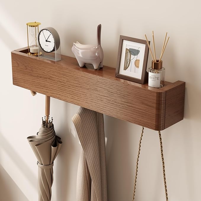 Solid Wood Wall Mounted Coat Rack with Shelf Hooks - Modern Floating Shelves with 5 Hidden Hooks, Heavy Duty Entryway Coat Key Holder Hanger for Hallway Bathroom Bedroom Home Decor