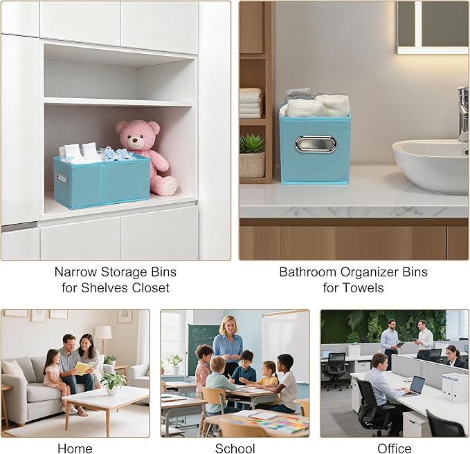 Narrow Storage Baskets for Shelves – Fabric Closet Organizers and Collapsible Storage Bins with Metal Handles – Space-Saving Baskets for Clothes, Towels, 5.9 x 11.8 x 5.9 inch (Sky blue)