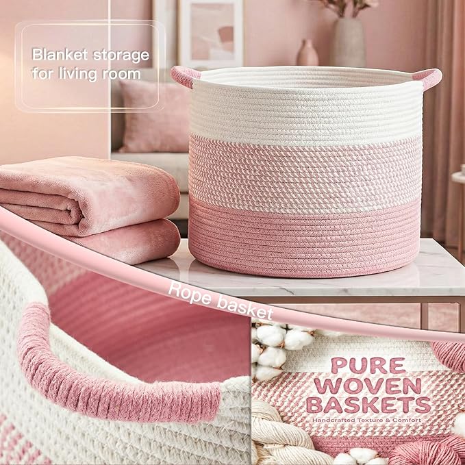 40L Large Cotton Rope Basket, Decorative Woven Blanket Storage for Living Room, Boho Toy Storage & Toy Box for Kids, Versatile Laundry Basket & Nursery Hamper for Blankets(Pink)